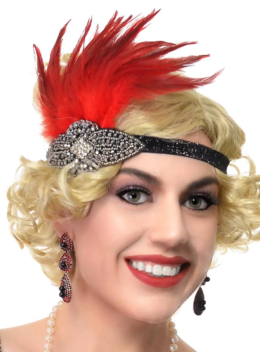 1920s Gatsby Red Feather Headband 5 Piece Accessory Set