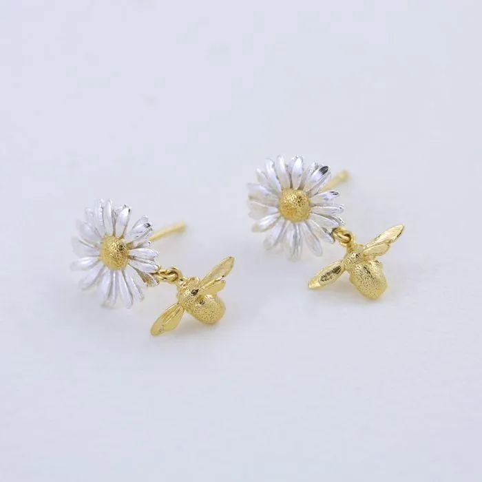 Alex Monroe Daisy with Teeny Tiny Bee Drop Stud Earrings