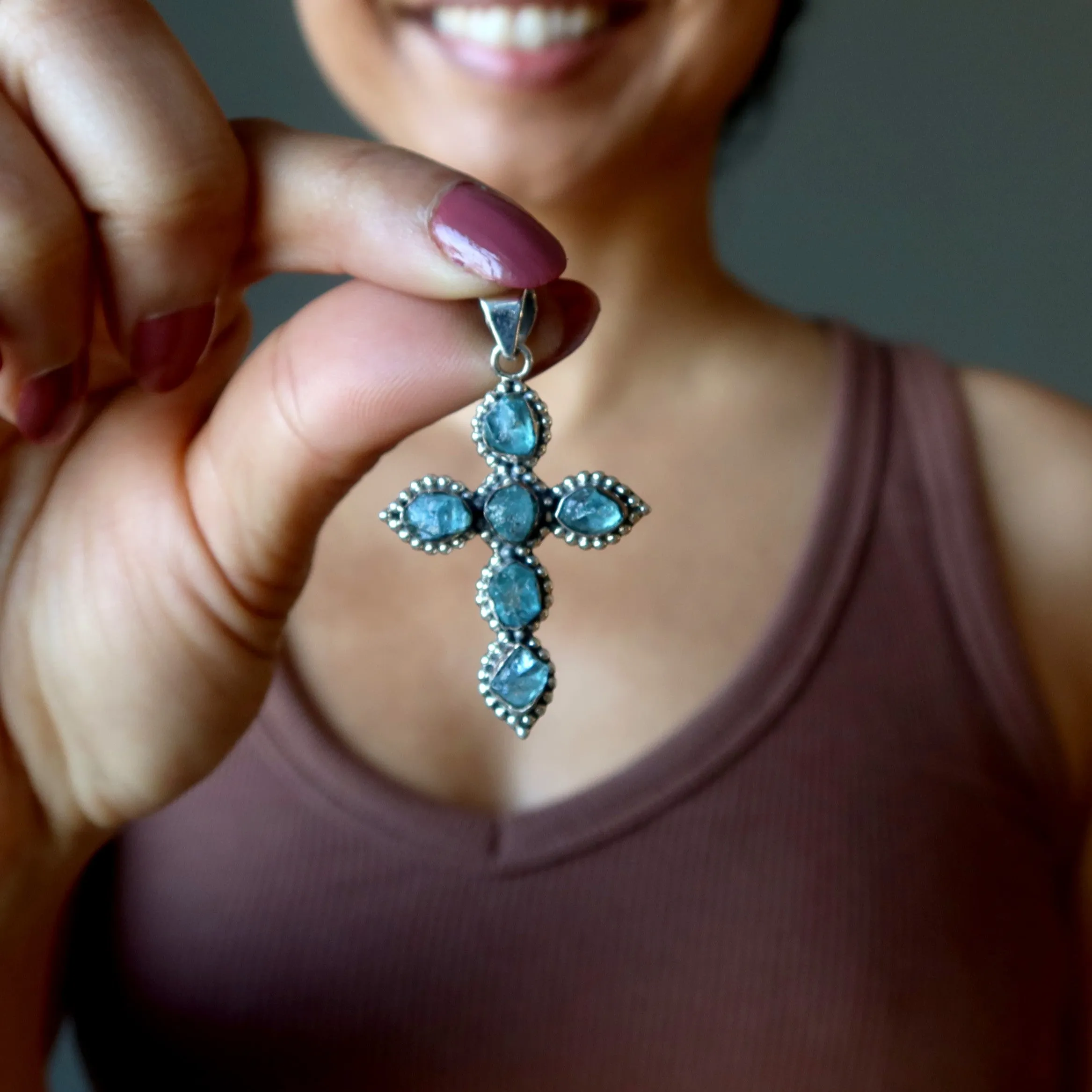 Apatite Pendant Cross Beautiful Believer Blue Gemstone Sterling