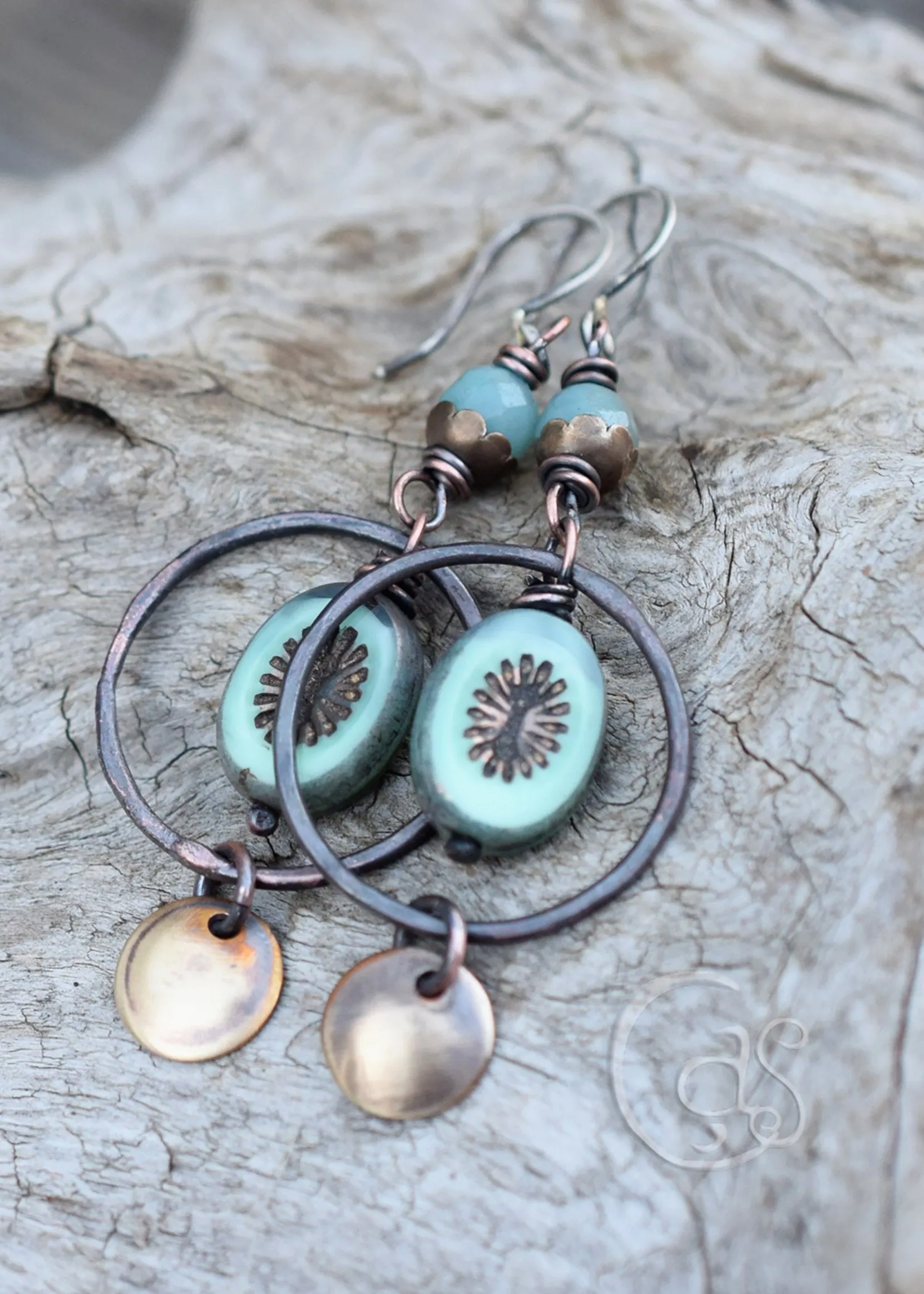 Blue Gemstone Earrings. Handmade Rustic Hoop Earrings. Golden Rust Hoops. Amazonite Stones. 11253A