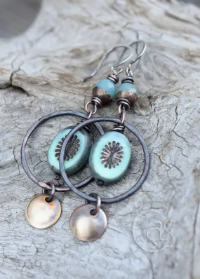 Blue Gemstone Earrings. Handmade Rustic Hoop Earrings. Golden Rust Hoops. Amazonite Stones. 11253A