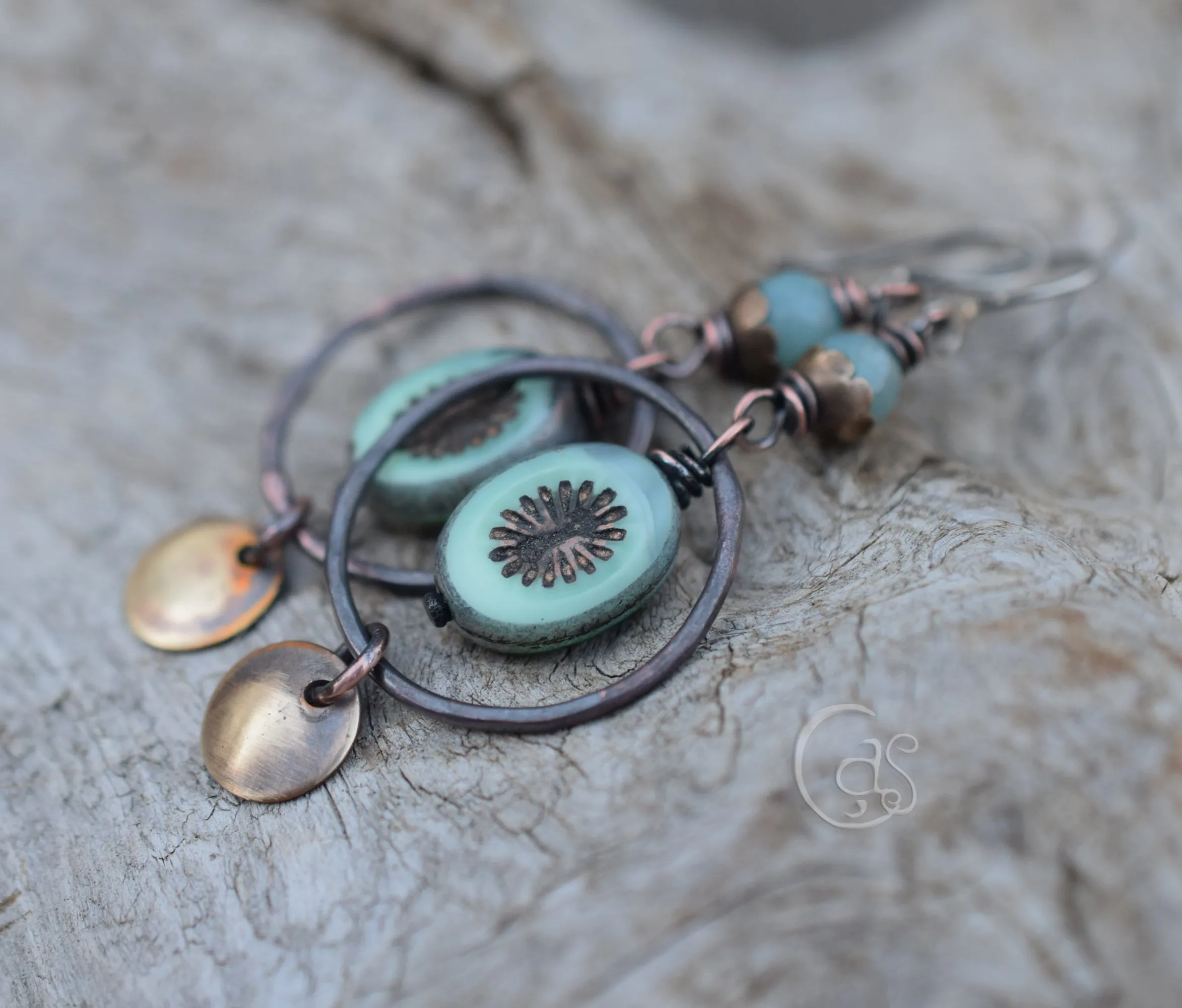 Blue Gemstone Earrings. Handmade Rustic Hoop Earrings. Golden Rust Hoops. Amazonite Stones. 11253A