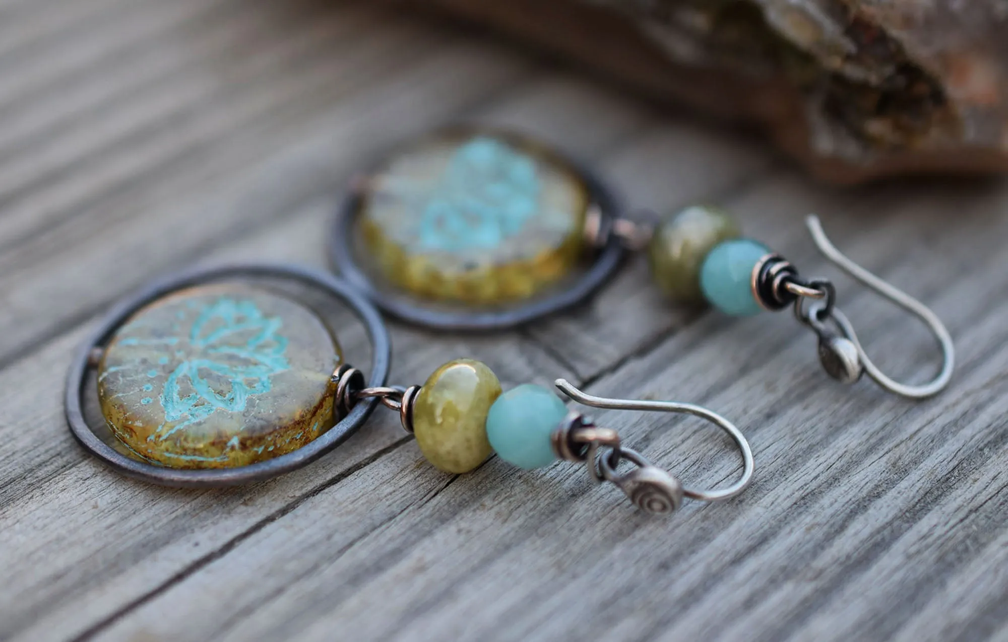 Blue Lotus Boho Hoop Earrings. Green Garnet. Blue Amazonite Hoops. Bohemian Feminine Rustic Copper Hoop Earrings.