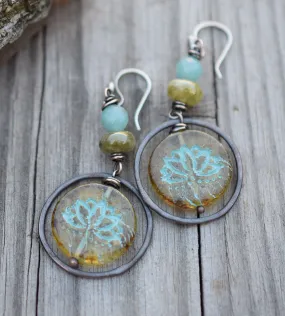 Blue Lotus Boho Hoop Earrings. Green Garnet. Blue Amazonite Hoops. Bohemian Feminine Rustic Copper Hoop Earrings.