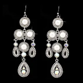 Bridal Wedding Jewelry Crystal Rhinestone Pearl Vintage Dangles Earrings Silver