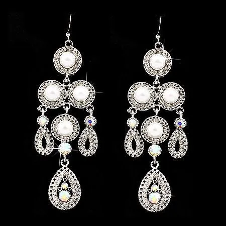 Bridal Wedding Jewelry Crystal Rhinestone Pearl Vintage Dangles Earrings Silver