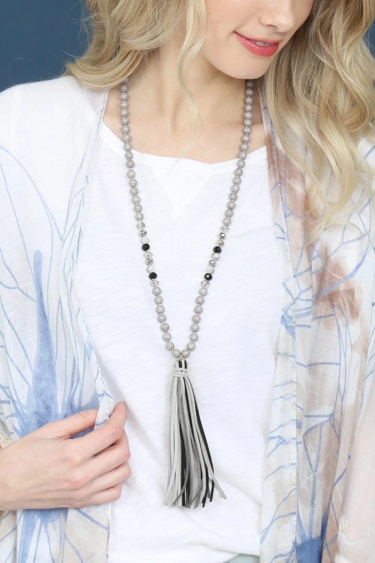 Colorful Natural Stone Glass Beads Leather Tassel Necklace