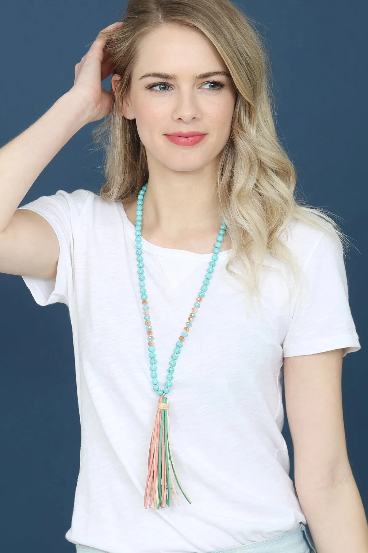 Colorful Natural Stone Glass Beads Leather Tassel Necklace