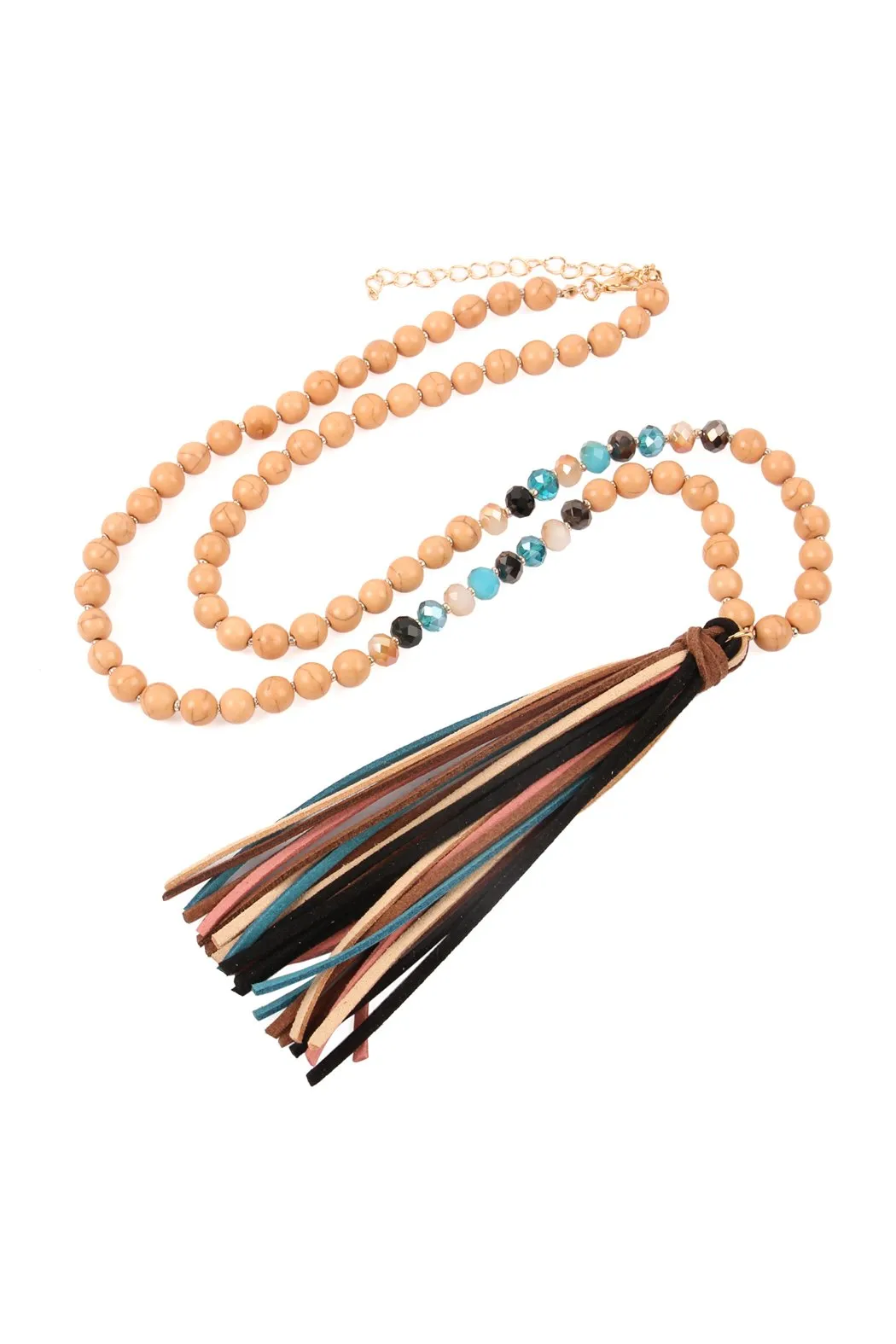 Colorful Natural Stone Glass Beads Leather Tassel Necklace