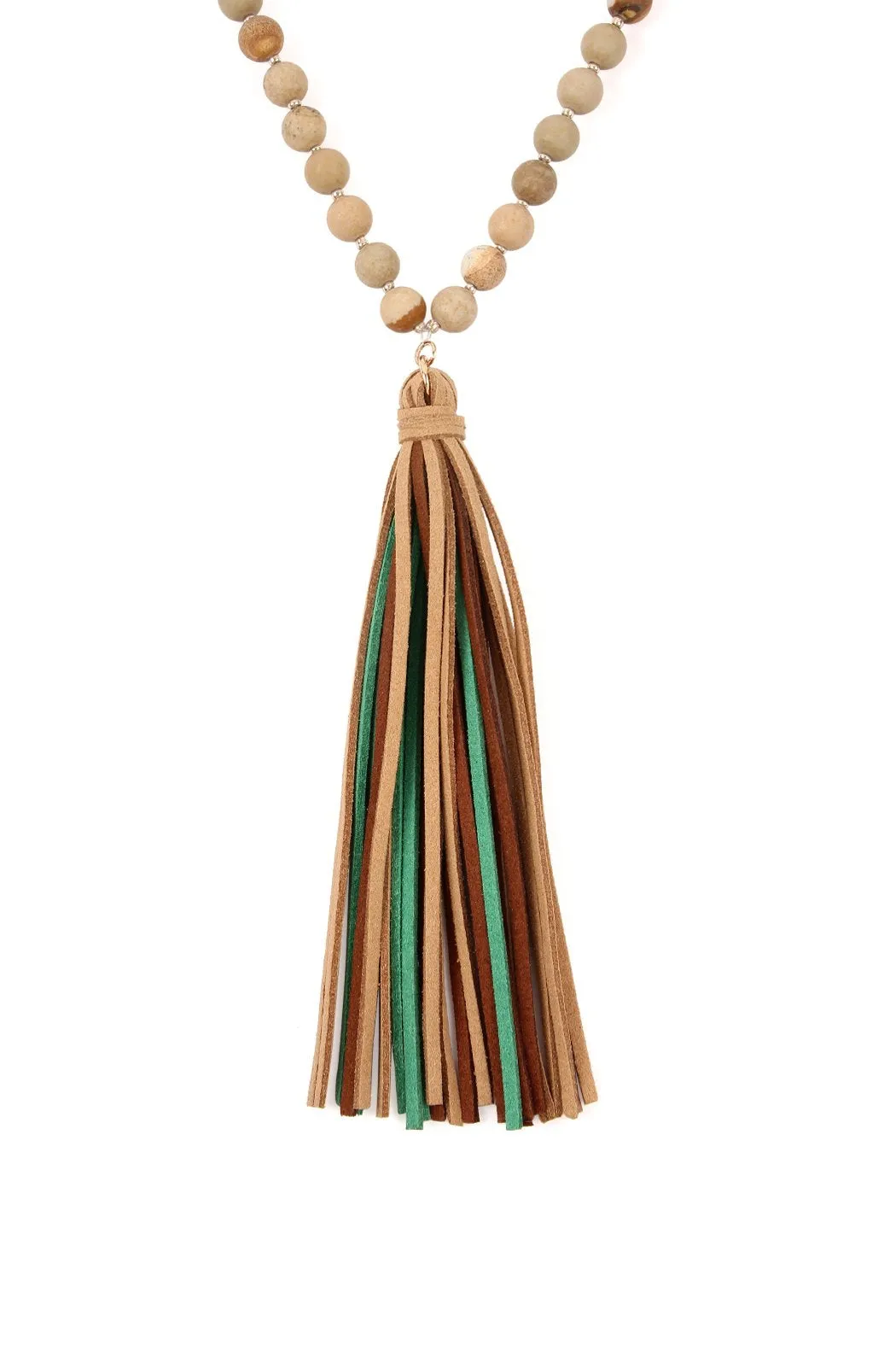 Colorful Natural Stone Glass Beads Leather Tassel Necklace