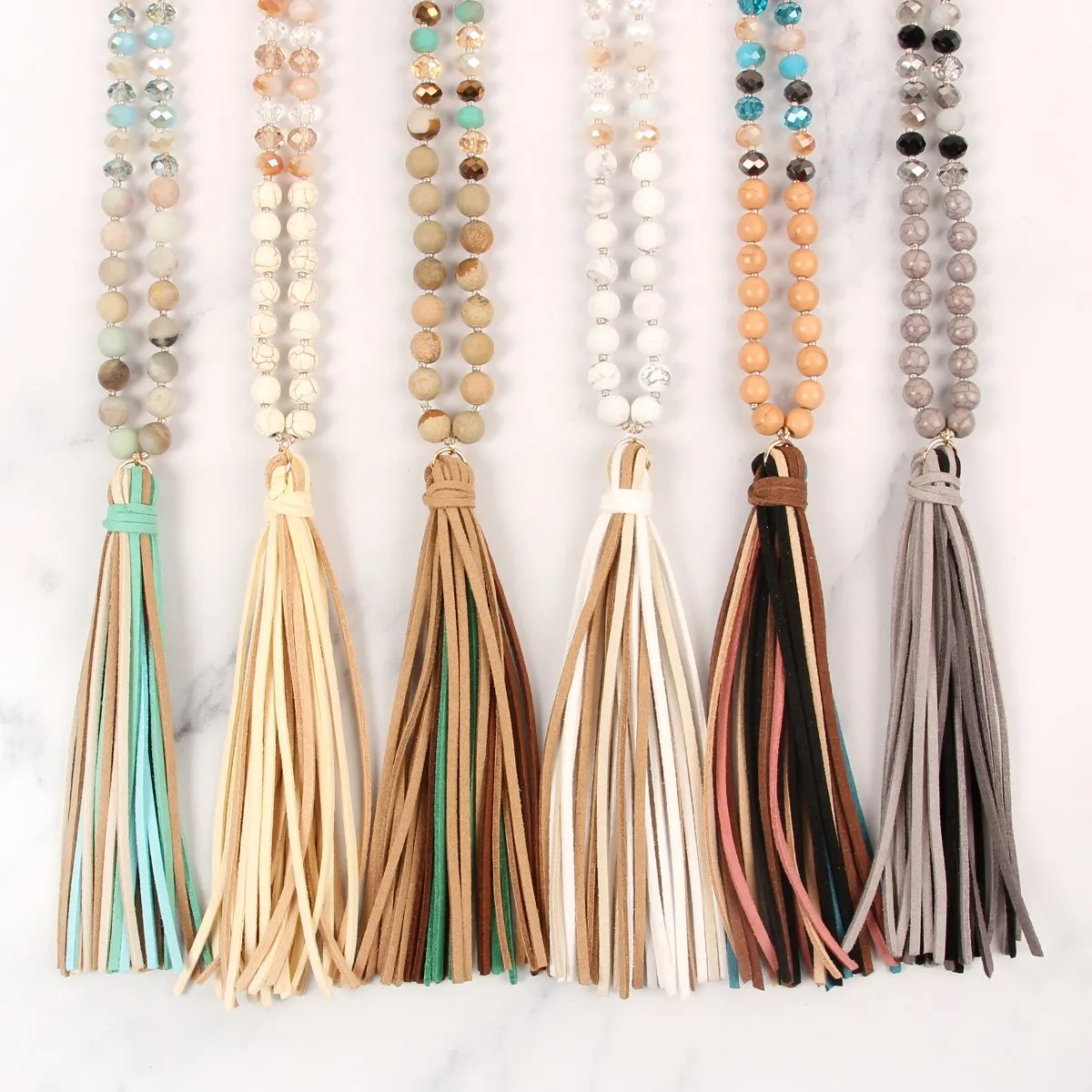Colorful Natural Stone Glass Beads Leather Tassel Necklace