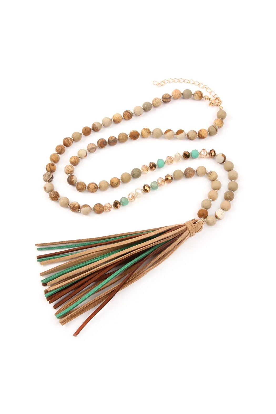 Colorful Natural Stone Glass Beads Leather Tassel Necklace