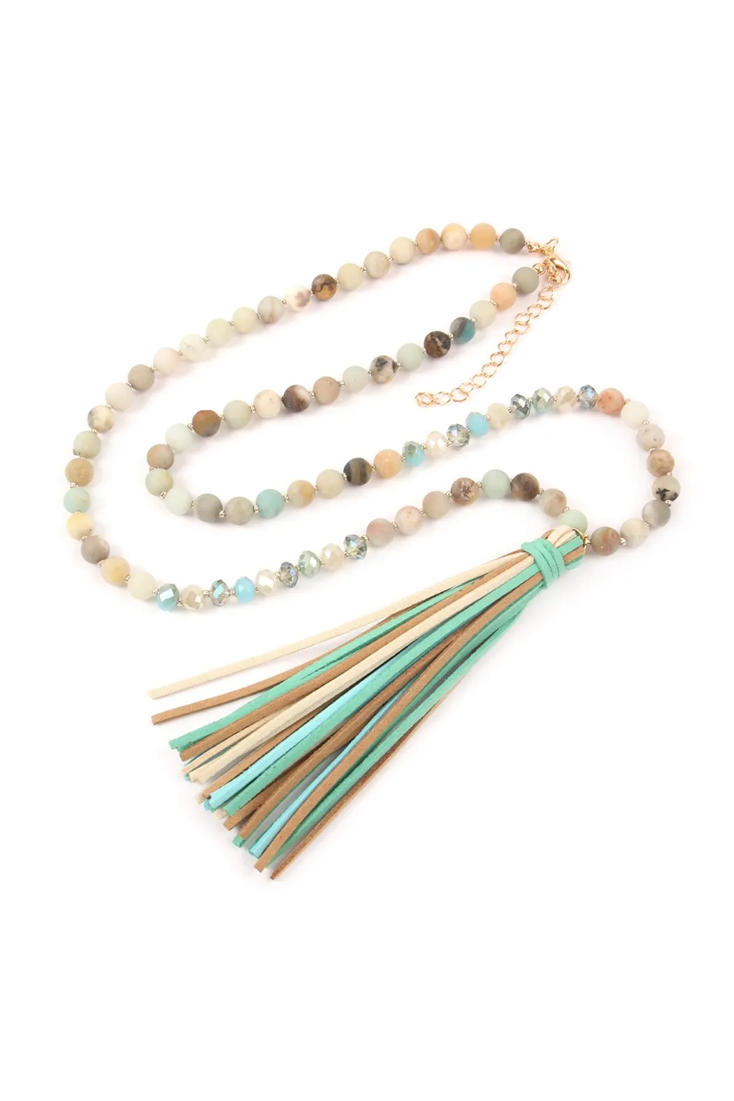 Colorful Natural Stone Glass Beads Leather Tassel Necklace