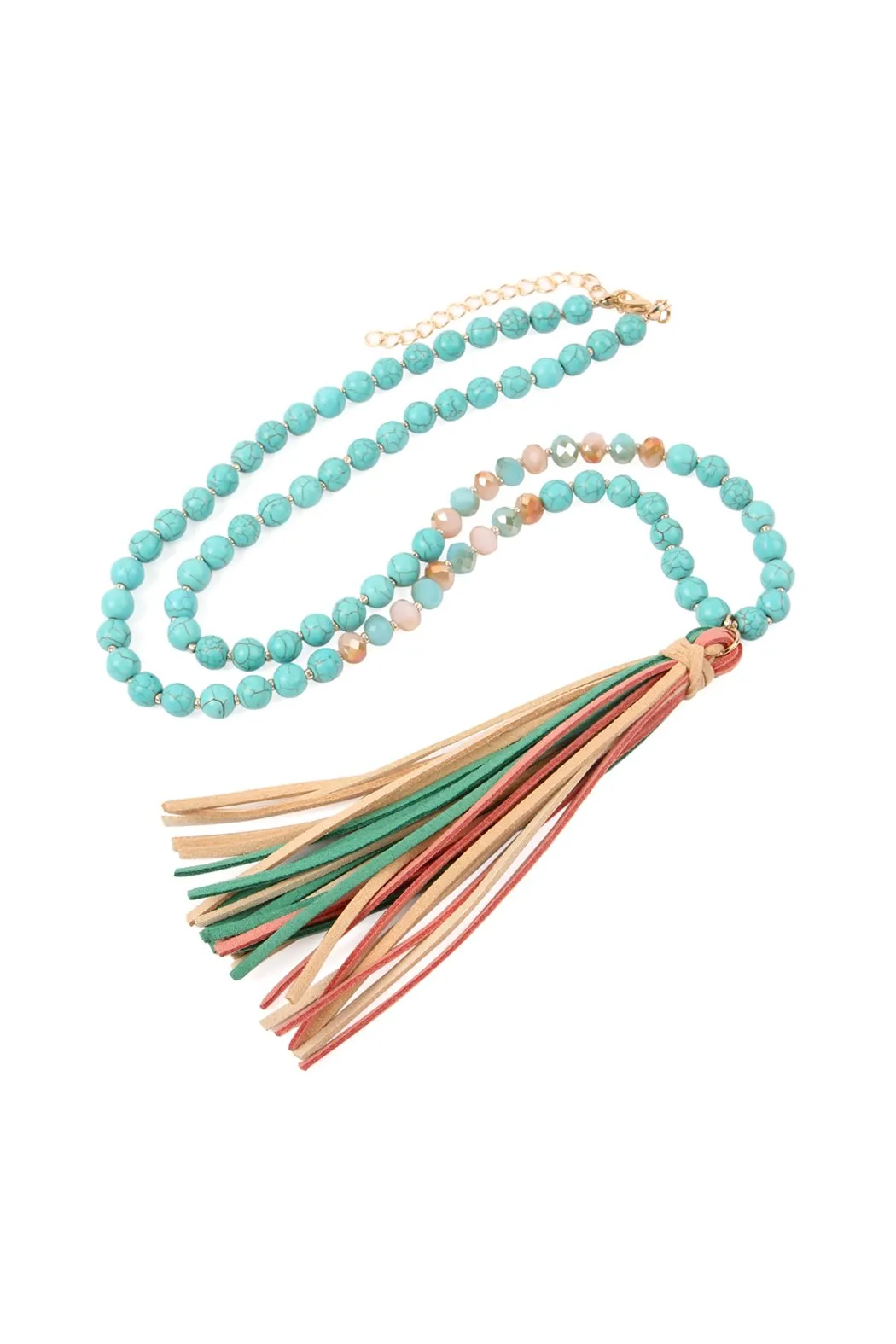 Colorful Natural Stone Glass Beads Leather Tassel Necklace