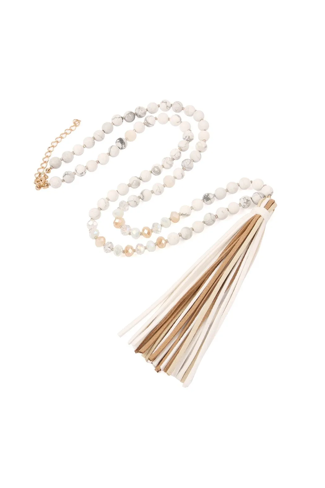 Colorful Natural Stone Glass Beads Leather Tassel Necklace