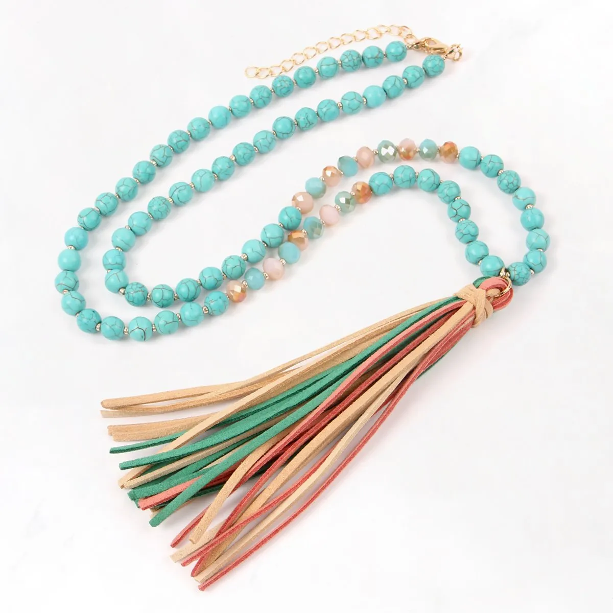 Colorful Natural Stone Glass Beads Leather Tassel Necklace