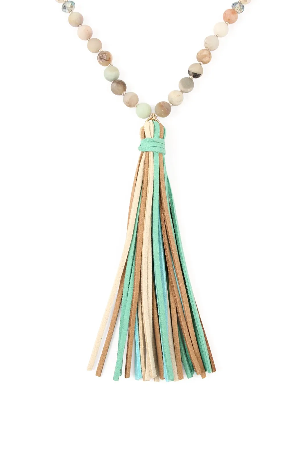 Colorful Natural Stone Glass Beads Leather Tassel Necklace