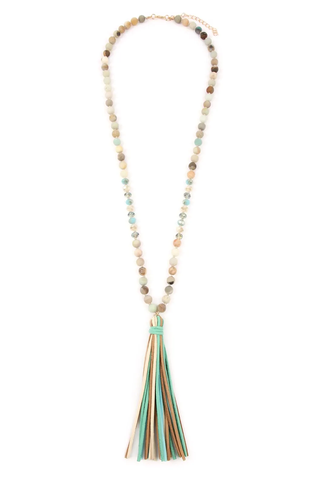 Colorful Natural Stone Glass Beads Leather Tassel Necklace