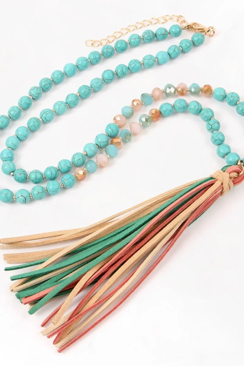 Colorful Natural Stone Glass Beads Leather Tassel Necklace