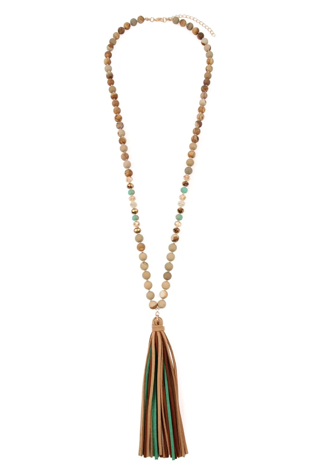 Colorful Natural Stone Glass Beads Leather Tassel Necklace
