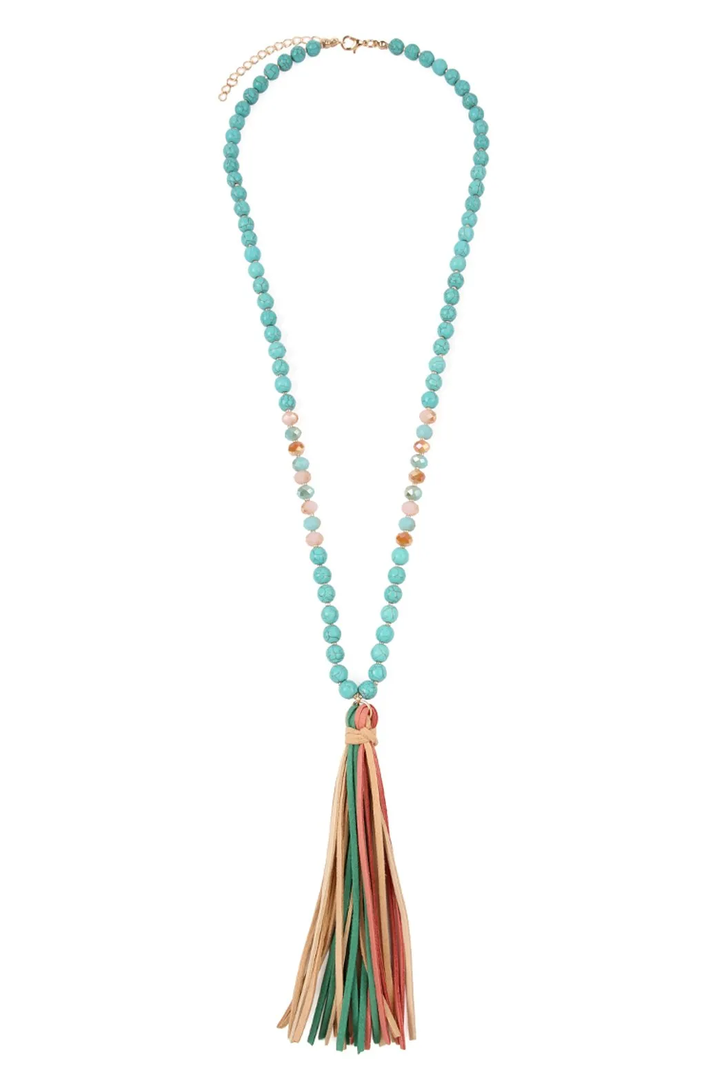 Colorful Natural Stone Glass Beads Leather Tassel Necklace