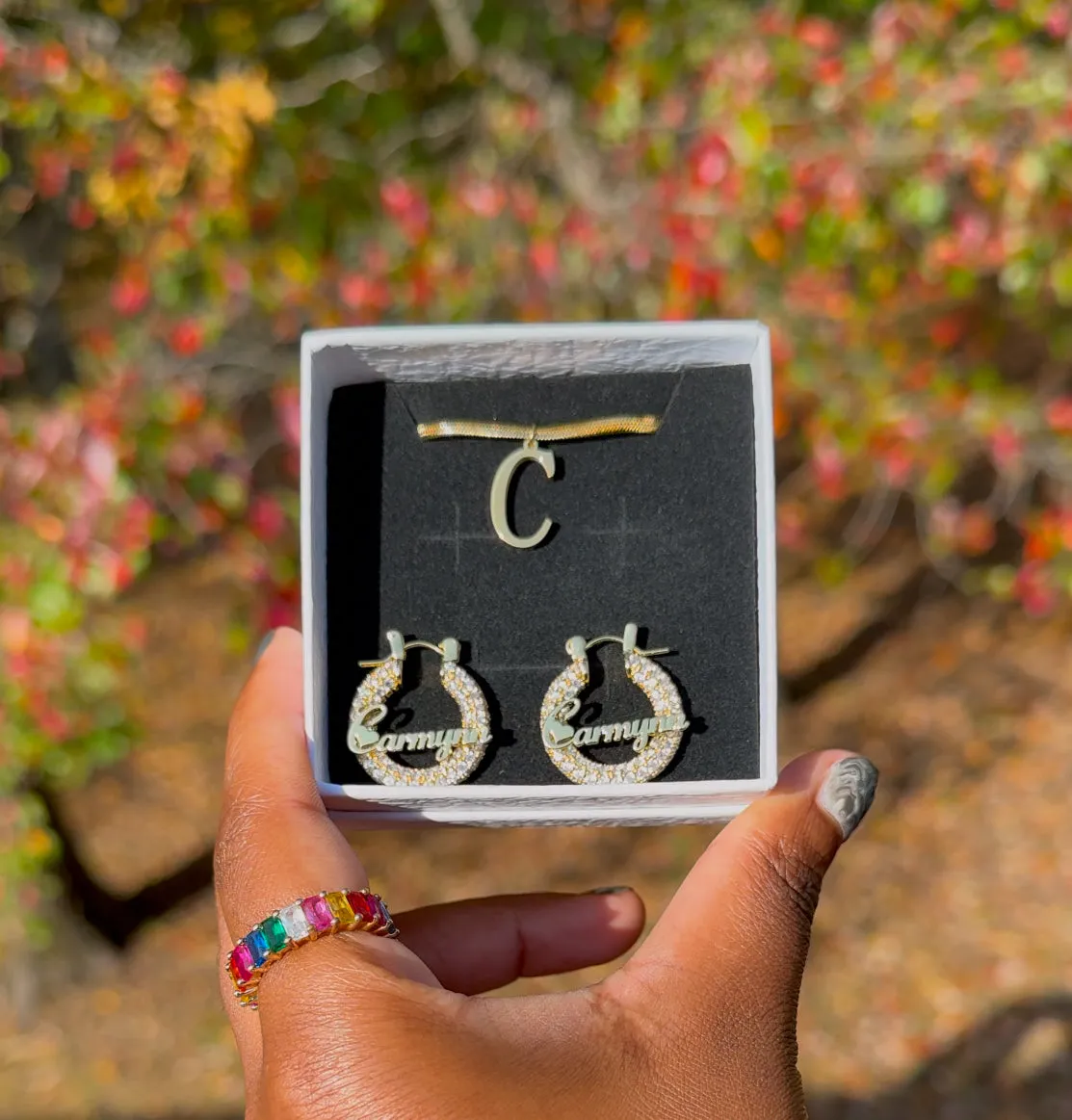 Crystal Hoops Initial Necklace Set
