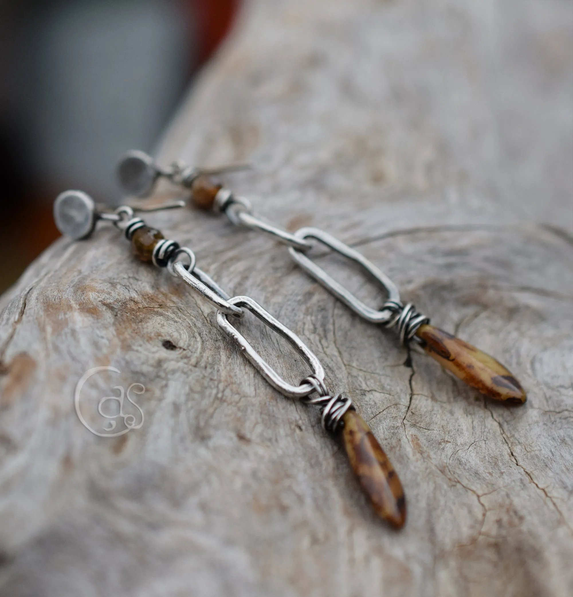 Earthy Long Hoops. Handcrafted Fine Silver. Jasper Stones. Leopard Glass Daggers.