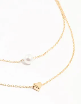 Gold Double Chain Pearl & Heart Necklace