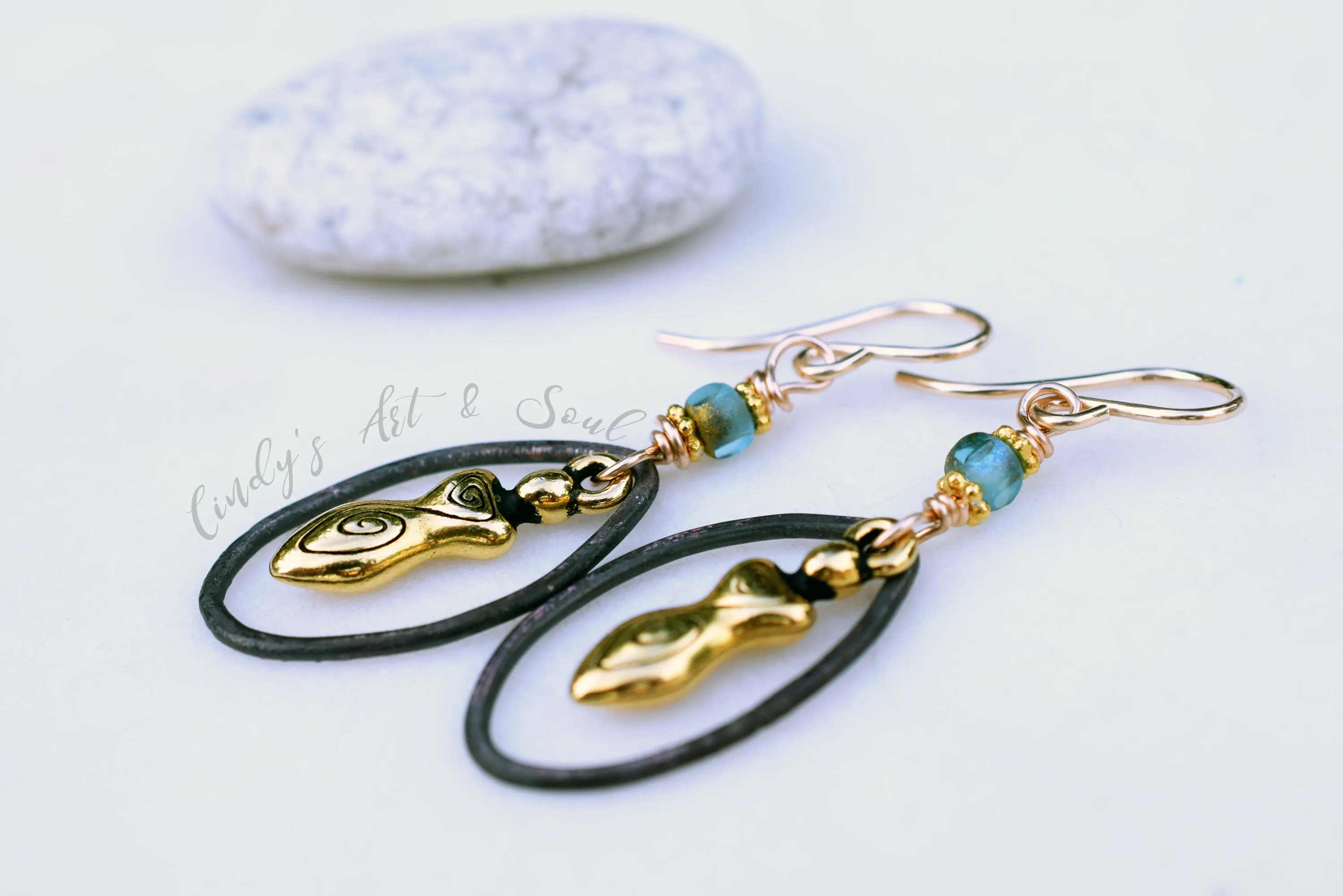 Handcrafted Gold Goddess Earrings. Bohemian Style Golden Blue Czech Glass Beaded Handmade Hoops. Gold Fill Ear Wires.