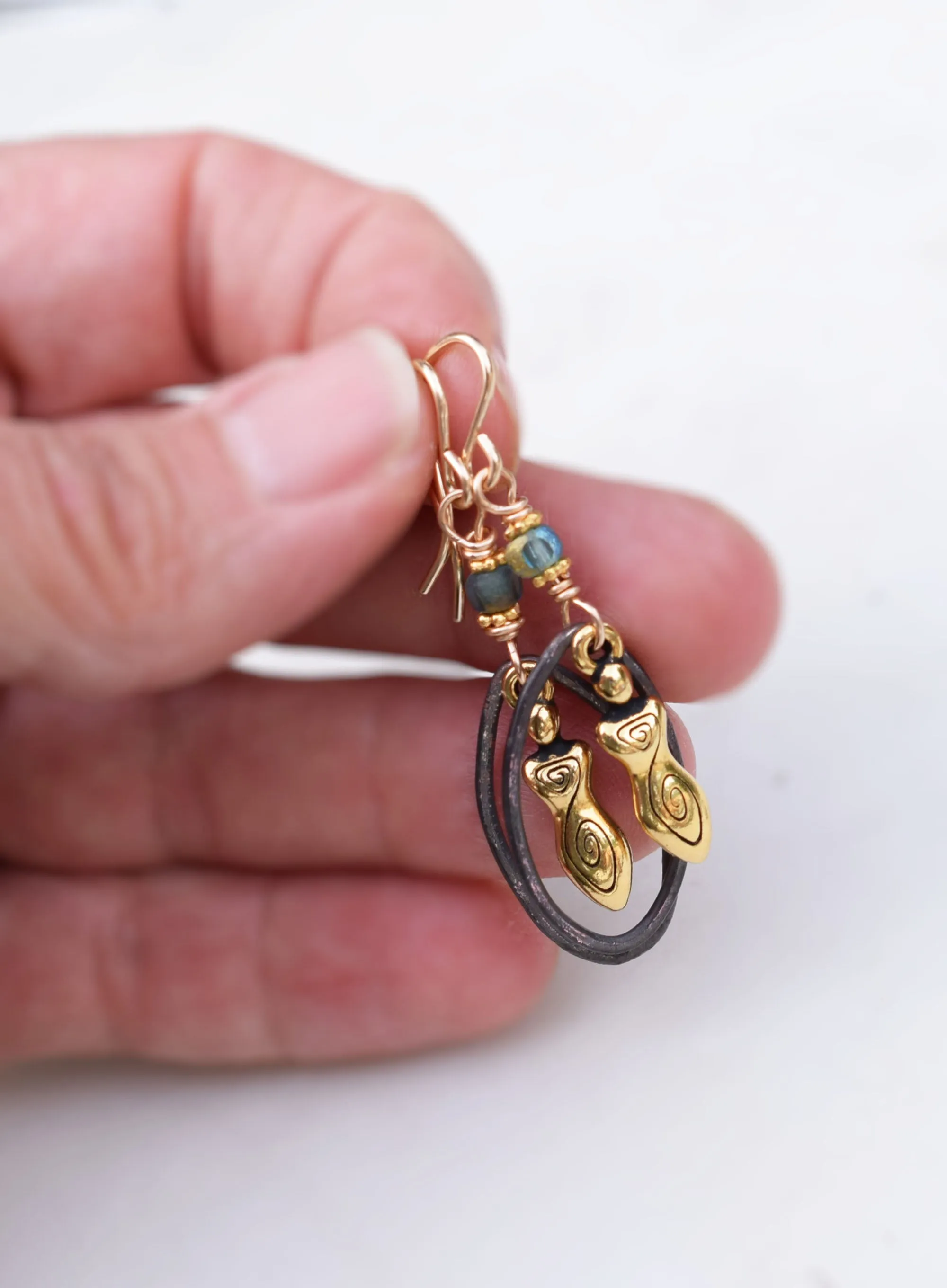 Handcrafted Gold Goddess Earrings. Bohemian Style Golden Blue Czech Glass Beaded Handmade Hoops. Gold Fill Ear Wires.