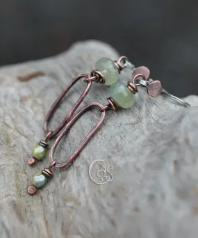 Handcrafted Green Aquamarine Gemstone Earrings. Solid Copper Hoops. Boho-Style Jewelry.