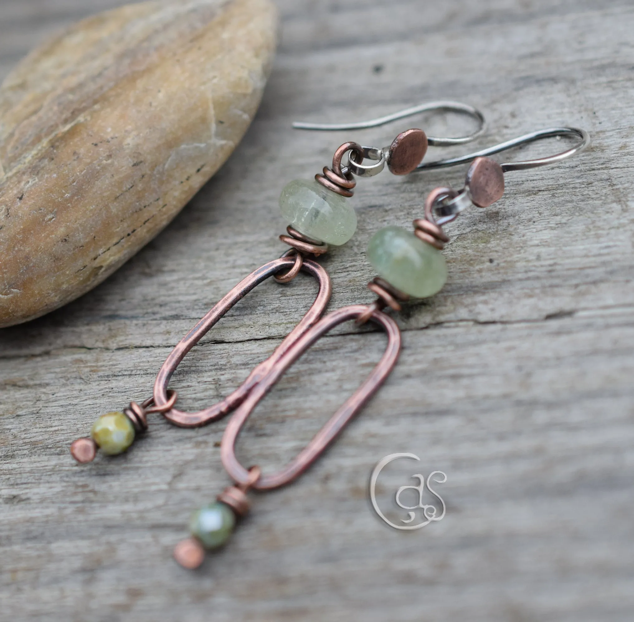 Handcrafted Green Aquamarine Gemstone Earrings. Solid Copper Hoops. Boho-Style Jewelry.