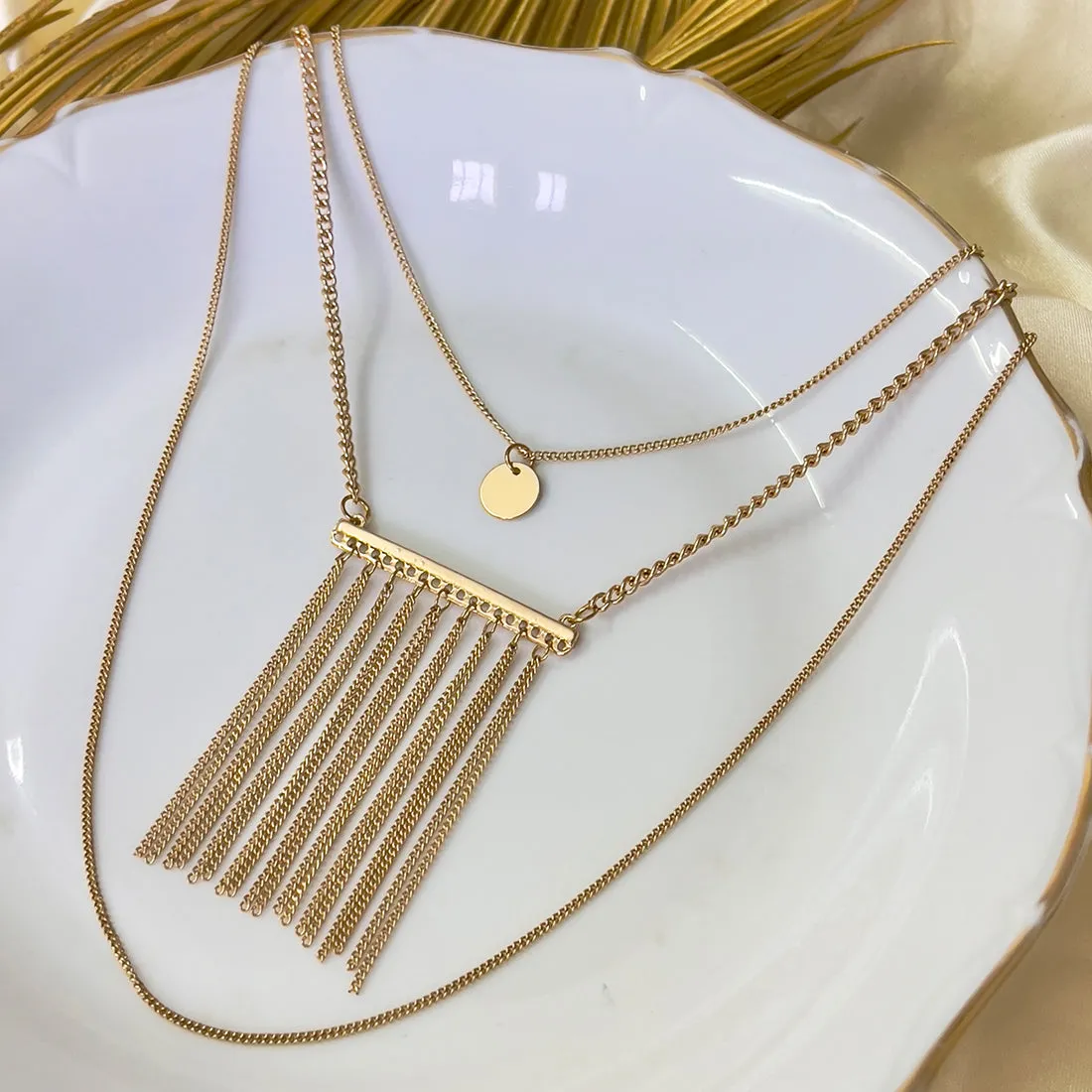 Metallic Tassel & Circular Pendants Triple Layered Gold-Toned Necklace