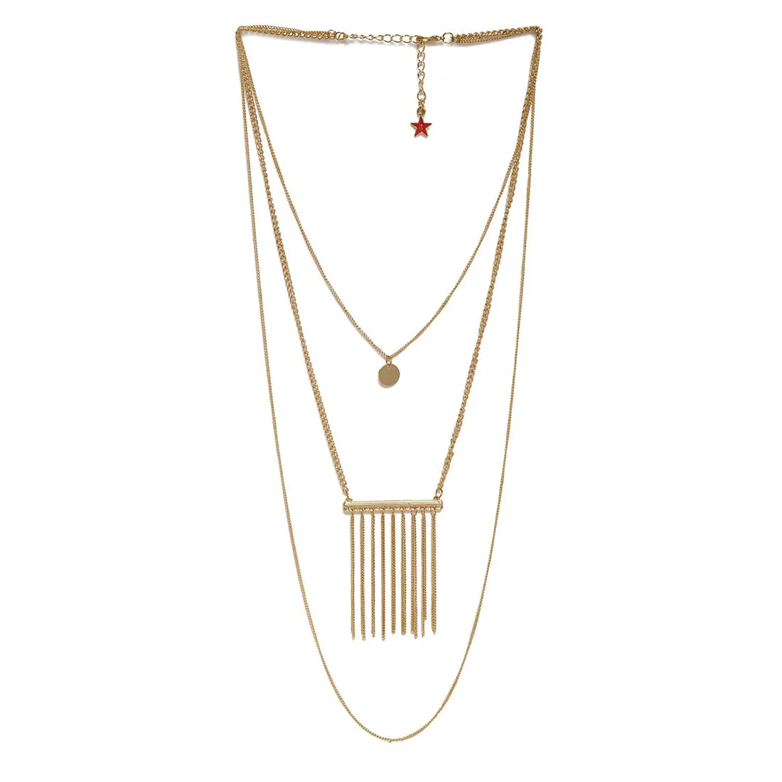 Metallic Tassel & Circular Pendants Triple Layered Gold-Toned Necklace