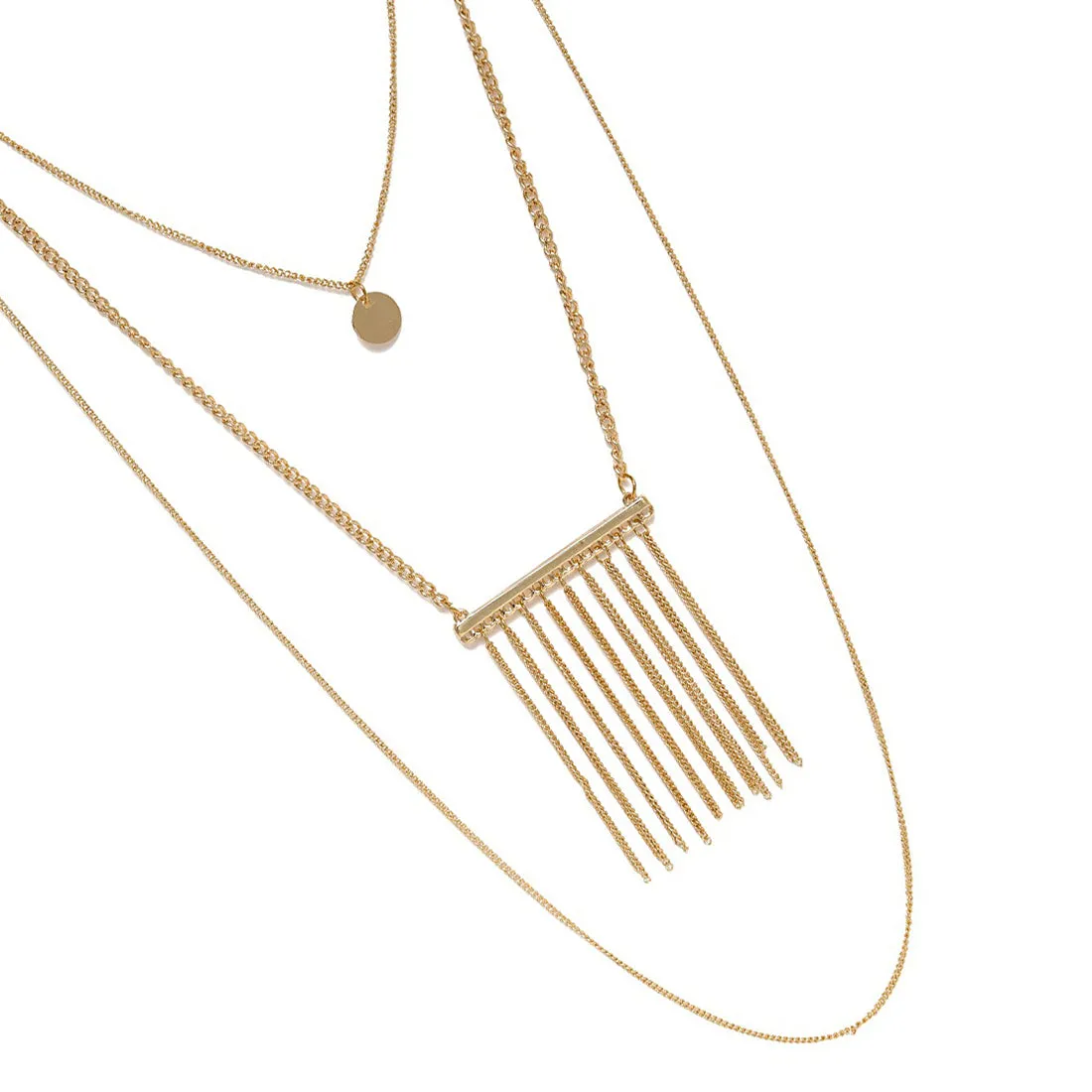 Metallic Tassel & Circular Pendants Triple Layered Gold-Toned Necklace