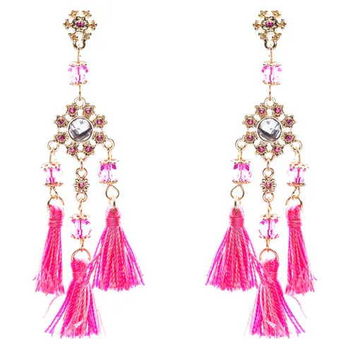 Unconventional Design Crystal Rhinestone Fun Tasseled Dangle Earrings E811 Pink