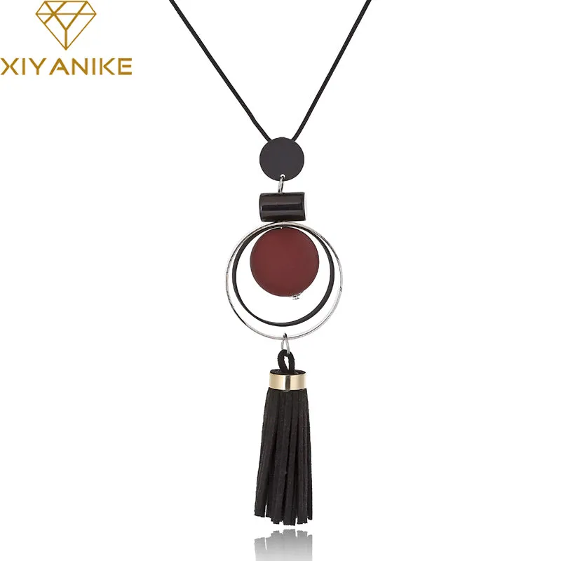 XIYANIKE New Fashion Jewelry Round Wood Beads Crystal Tassel Statement Necklaces &amp; Pendants For Women Long Sweater Chain N894