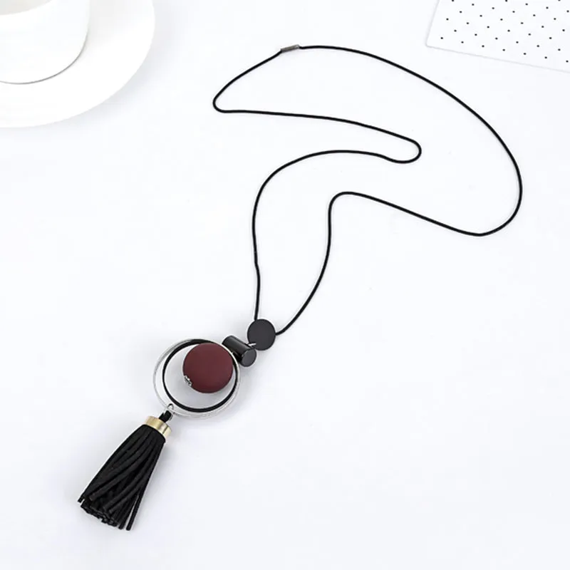 XIYANIKE New Fashion Jewelry Round Wood Beads Crystal Tassel Statement Necklaces &amp; Pendants For Women Long Sweater Chain N894
