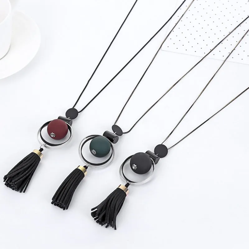 XIYANIKE New Fashion Jewelry Round Wood Beads Crystal Tassel Statement Necklaces &amp; Pendants For Women Long Sweater Chain N894