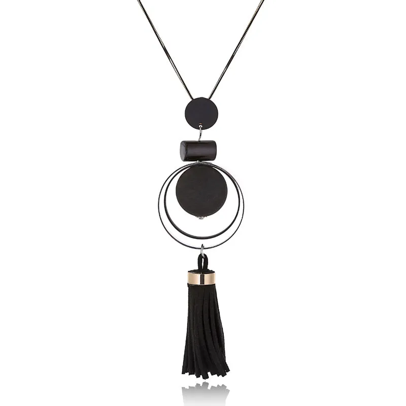 XIYANIKE New Fashion Jewelry Round Wood Beads Crystal Tassel Statement Necklaces &amp; Pendants For Women Long Sweater Chain N894