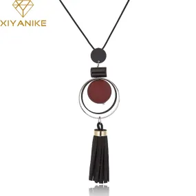 XIYANIKE New Fashion Jewelry Round Wood Beads Crystal Tassel Statement Necklaces &amp; Pendants For Women Long Sweater Chain N894